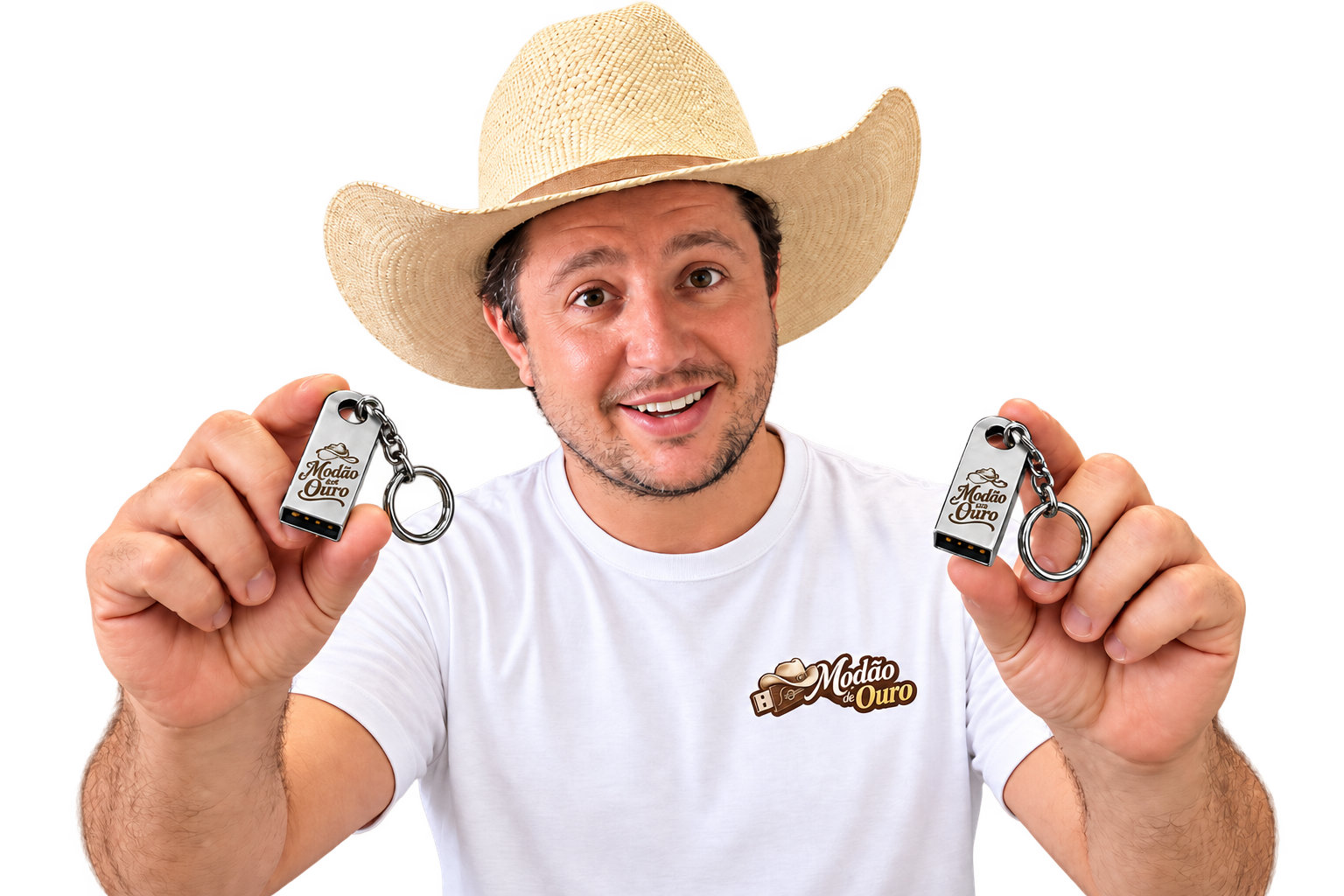 Homem mostrando o Pen Drive Modão de Ouro